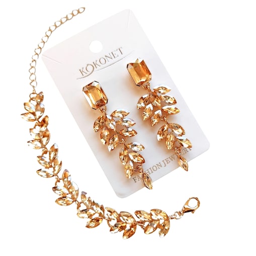 komplet biżuterii szampańskie cyrkonie champagne złoty kolczyki bransoleta