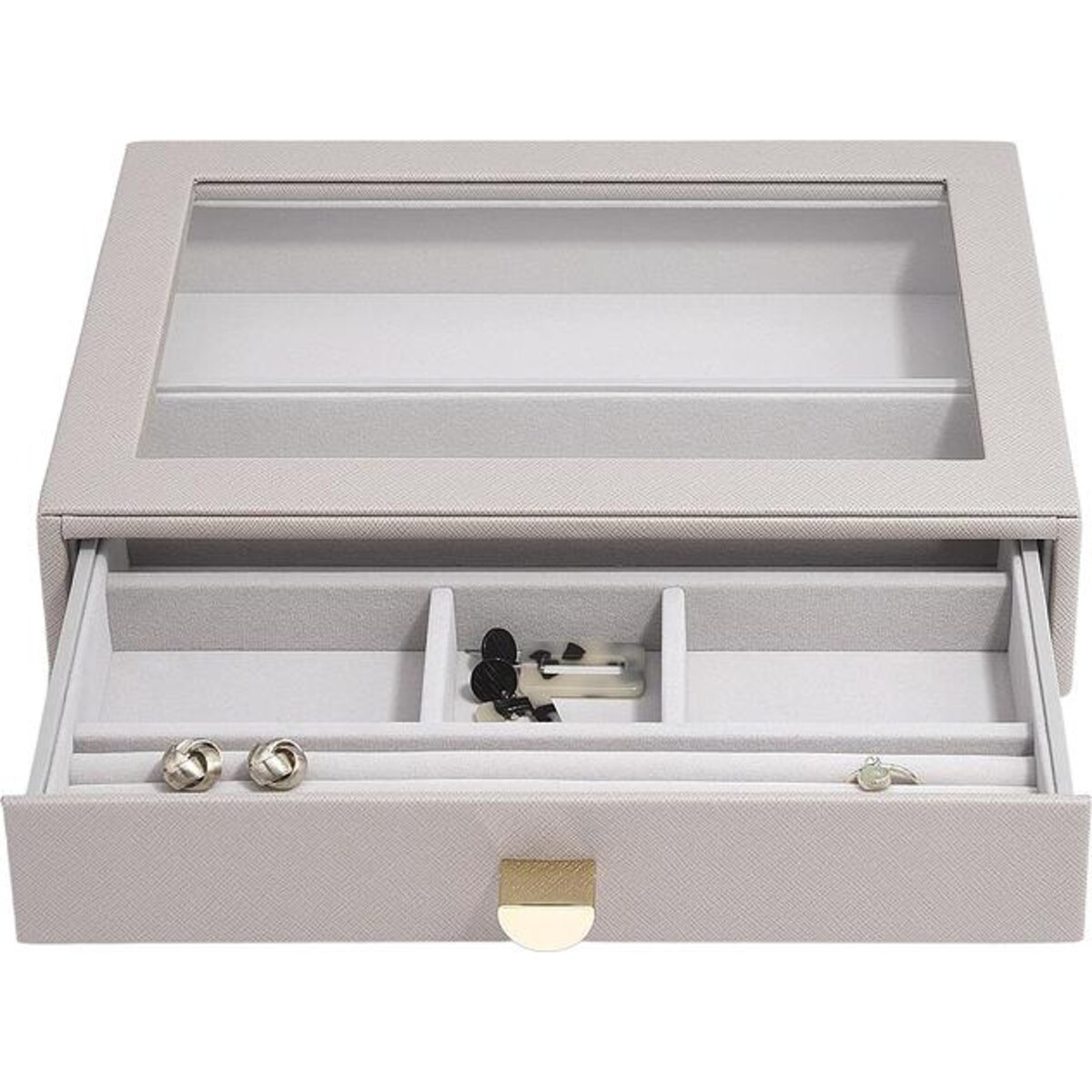 Szkatułka na biżuterię Stackers 6 komorowa classic taupe z szufladą i szklaną pokrywką