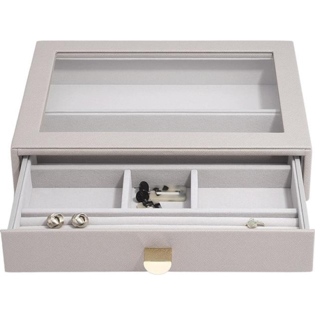 Szkatułka na biżuterię Stackers 6 komorowa classic taupe z szufladą i szklaną pokrywką