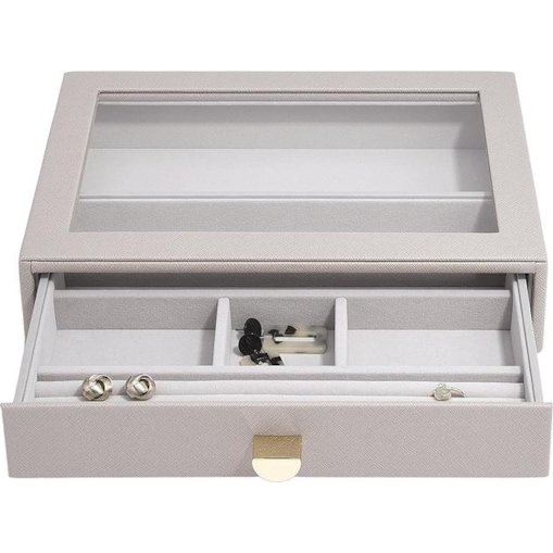 Szkatułka na biżuterię Stackers 6 komorowa classic taupe z szufladą i szklaną pokrywką