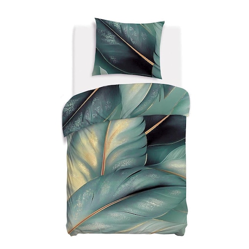 Pościel satyna bawełniana 140x200 Selvado zielona w liście i złote akcenty, Satynlove Premium