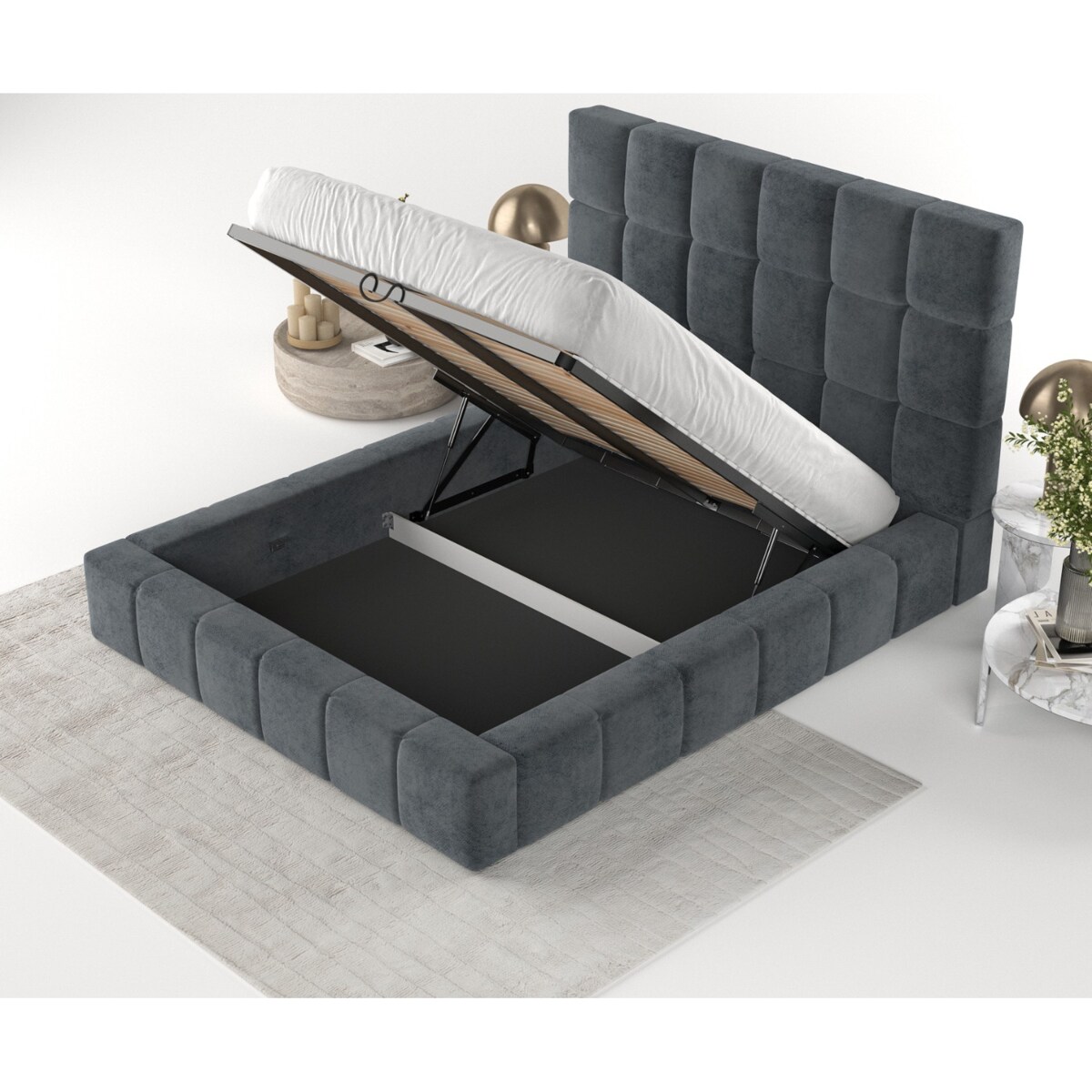 Łóżko tapicerowane SKIATHOS 160x200 z pojemnikiem, Antracyt, tkanina Terra NW 96