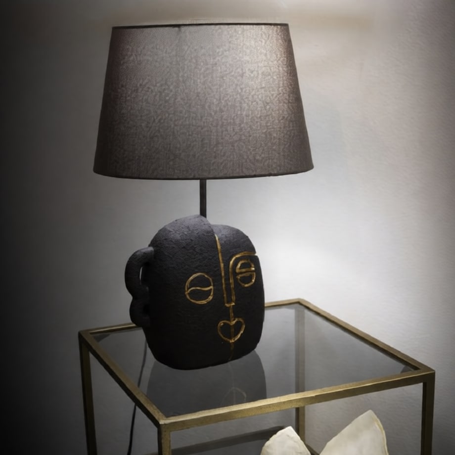 Lampa stołowa Tribal - A, kolor brązowy i złoty, żywica syntetyczna, żelazo i tkanina, 30,5 x 30,5 x 46 cm, 1 x E27, max. 40 W, Mauro Ferretti