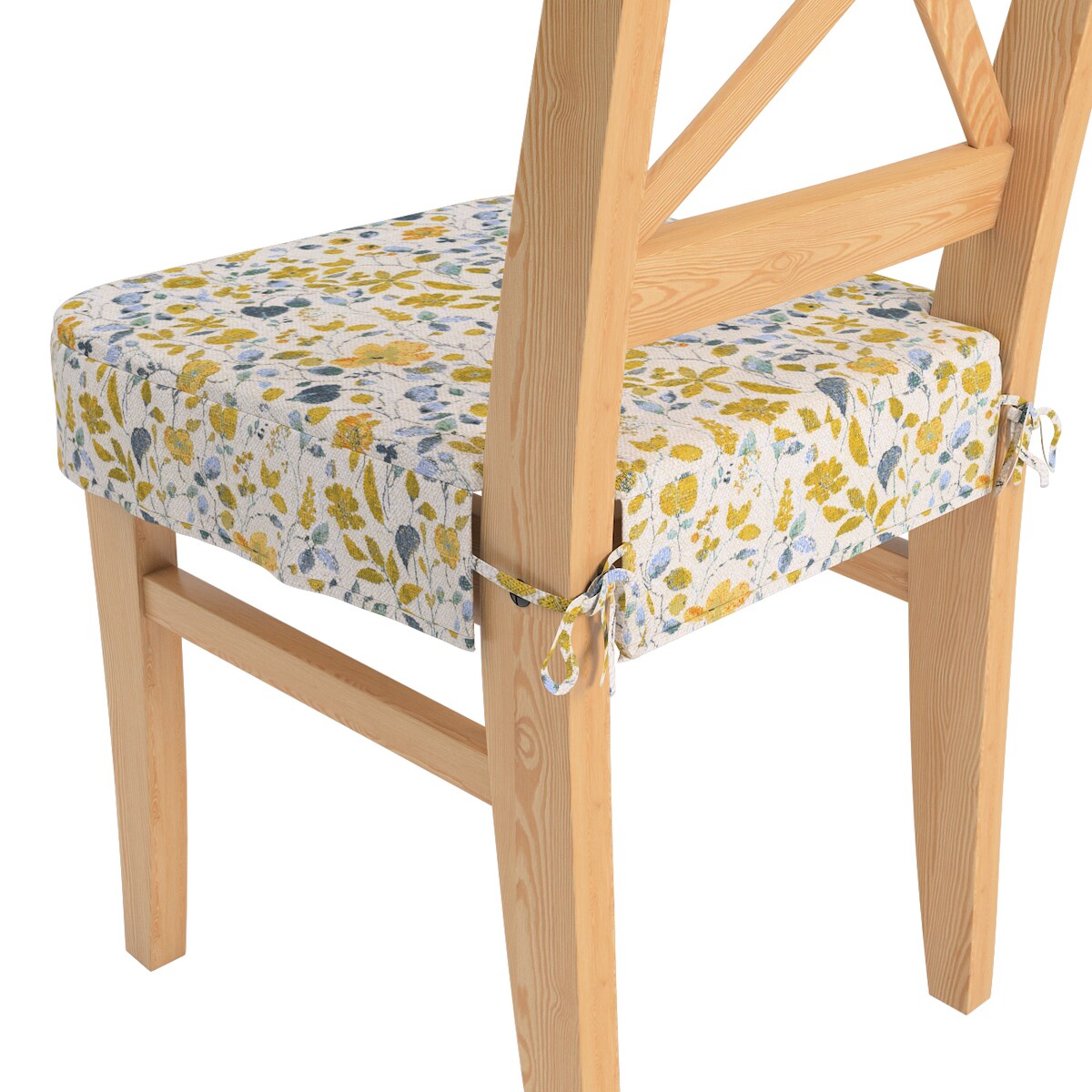Siedzisko na krzesło Ingolf, żółto-niebieskie kwiaty na kremowym tle, krzesło Inglof, Cosy Home