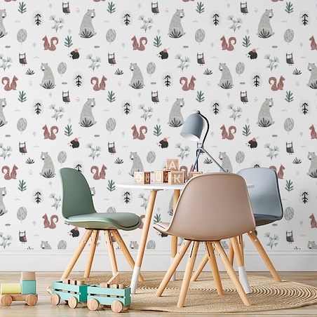 Tapeta Dziecięca MISIE Sowy Wiewiórki Jeże Drzewa