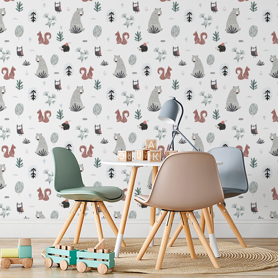 Tapeta Dziecięca MISIE Sowy Wiewiórki Jeże Drzewa