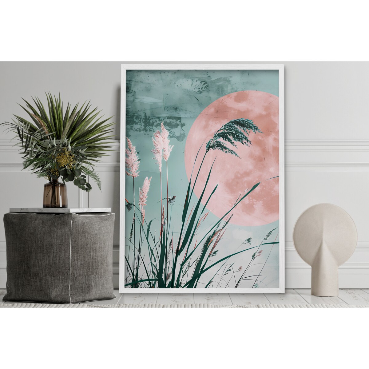 Obraz Plakat Pastelowa Dekoracja w Białej ramie Trawy do sypialni 50x70