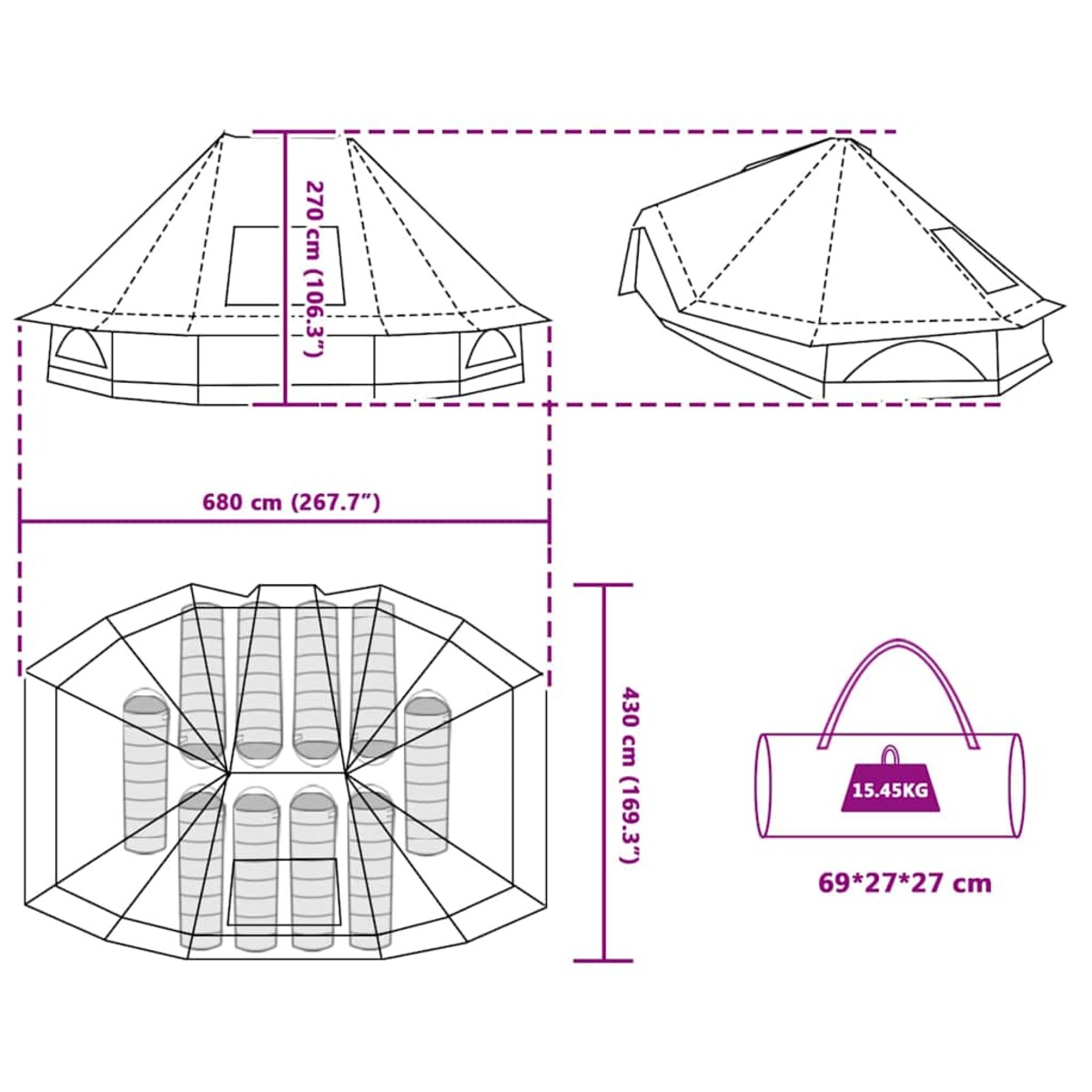 vidaXL Rodzinny namiot tipi Szary i pomarańczowy 680 x 430 x 270 cm