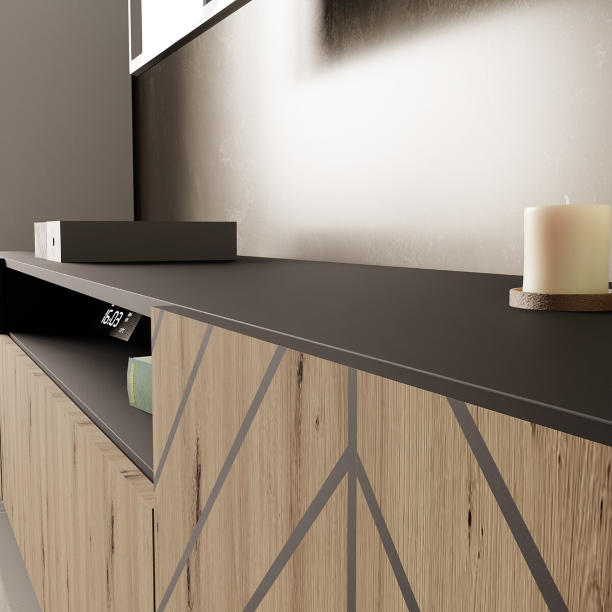 Szafka RTV IGO 200 cm wisząca,do salonu, wzór jodełka- artisan+czarny