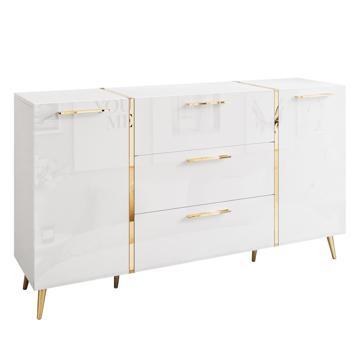 Komoda z szufladami ONYX na złotych nóżkach wysoki połysk 158 cm, biała, uchwyty złote