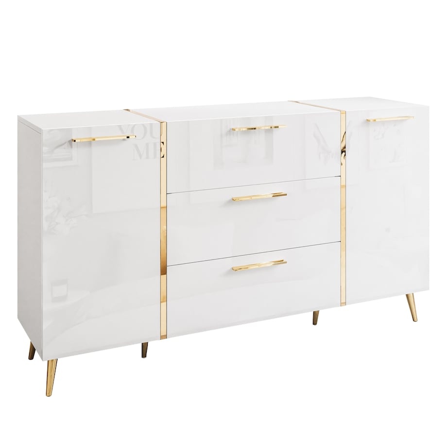 Komoda z szufladami ONYX na złotych nóżkach wysoki połysk 158 cm, biała, uchwyty złote