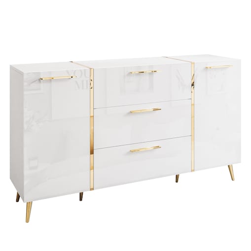 Komoda z szufladami ONYX na złotych nóżkach wysoki połysk 158 cm, biała, uchwyty złote