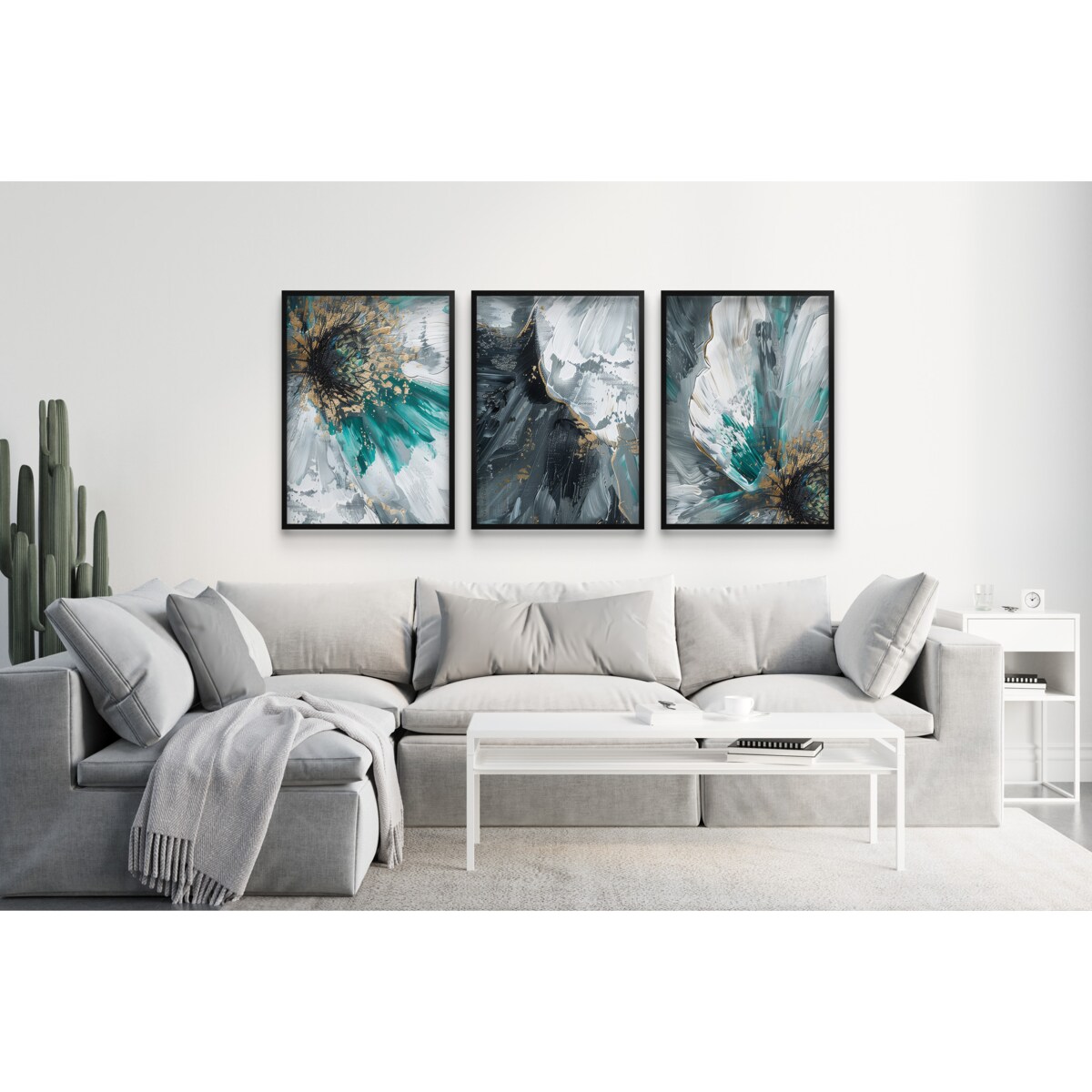 Komplet Plakatów na ścianę Obrazy ścienne do salonu Złote Kwiaty Akwarela