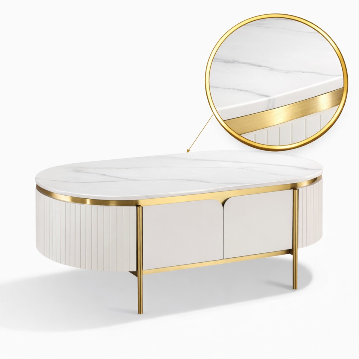 Owalny stolik kawowy glamour ecru Bueno ryflowany 122x70x45