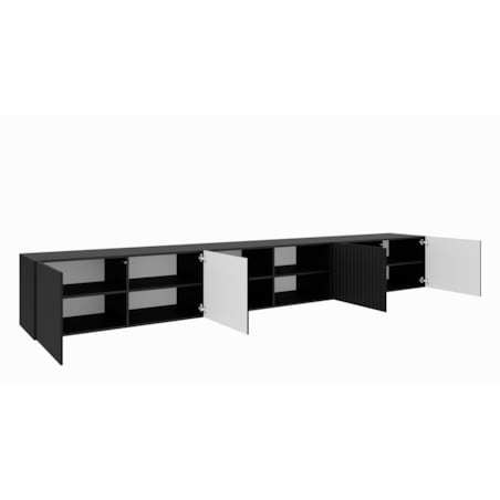 Szafka RTV RIO 300 cm, otwarta z półkami, ryflowana, do salonu- czarna