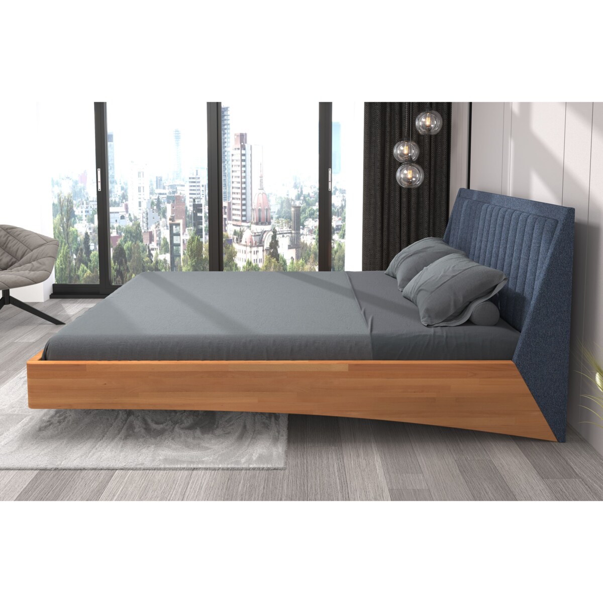 Łóżko lewitujące drewniane bukowe Visby ULF / 140x200 cm, kolor naturalny, zagłówek Solid 79