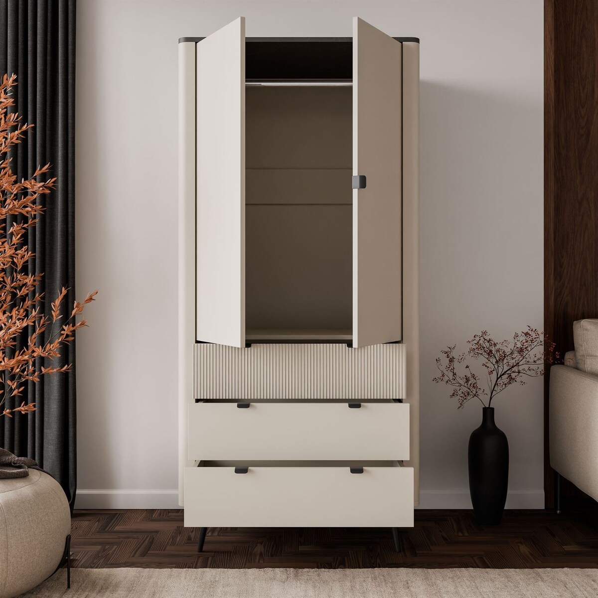 Dwudrzwiowa szafa AUTUMN 2D3S z szufladami, kaszmir / szary kamień