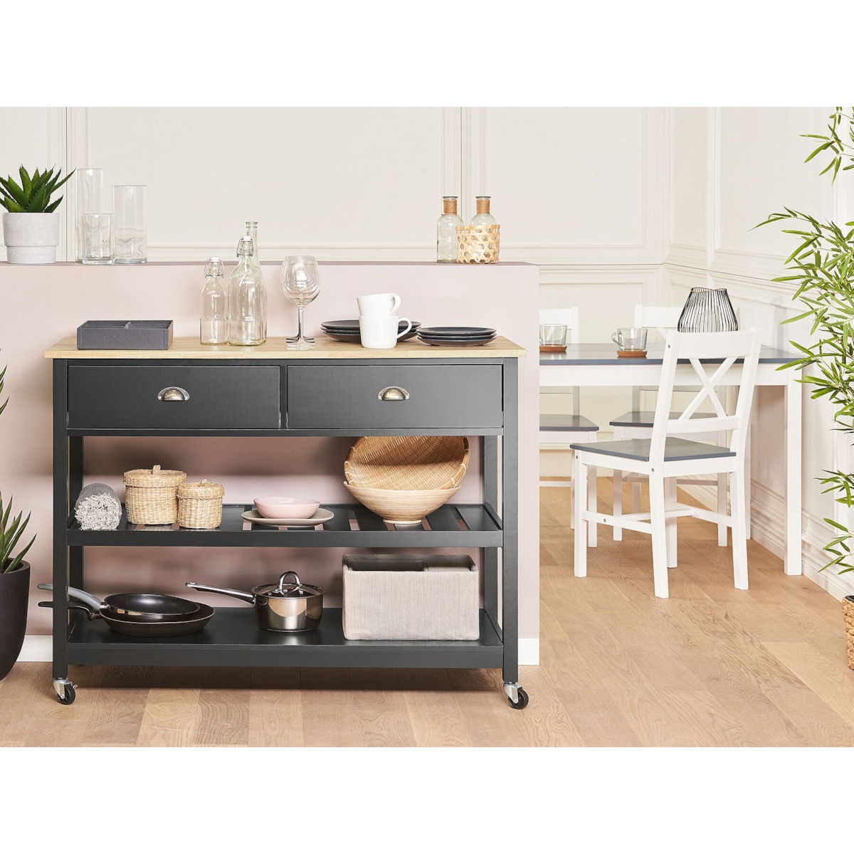 Drewniany wózek kuchenny 2 szuflady czarny NAVARINO