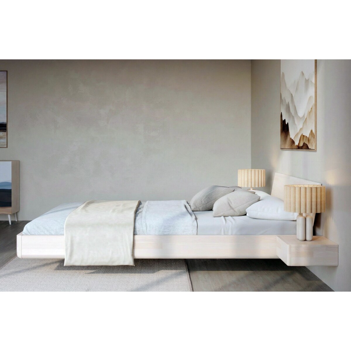 Łóżko lewitujące drewniane bukowe Visby LENA z szafkami / 200x200 cm, kolor biały