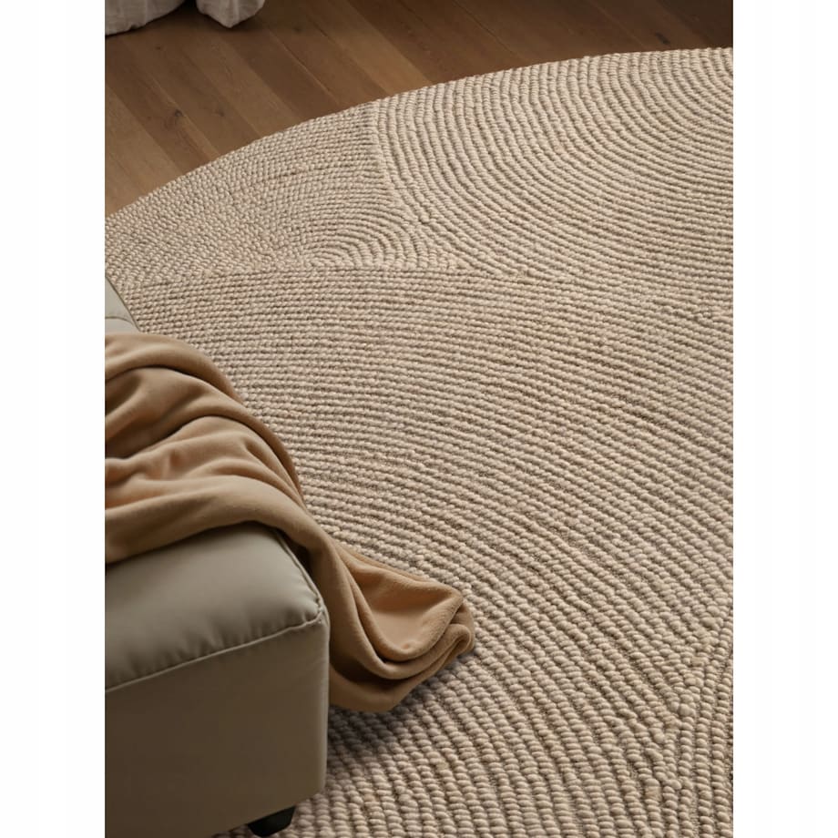 Dywan okrągły wełniany do salonu 120cm, beżowy wzór w półkola, efekt 3d