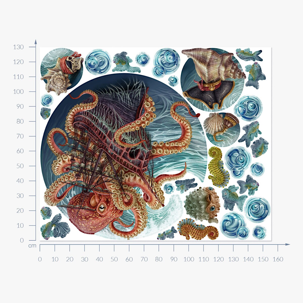 Zestaw naklejek na ścianę, Podwodny świat osmiornicy, 130cm
