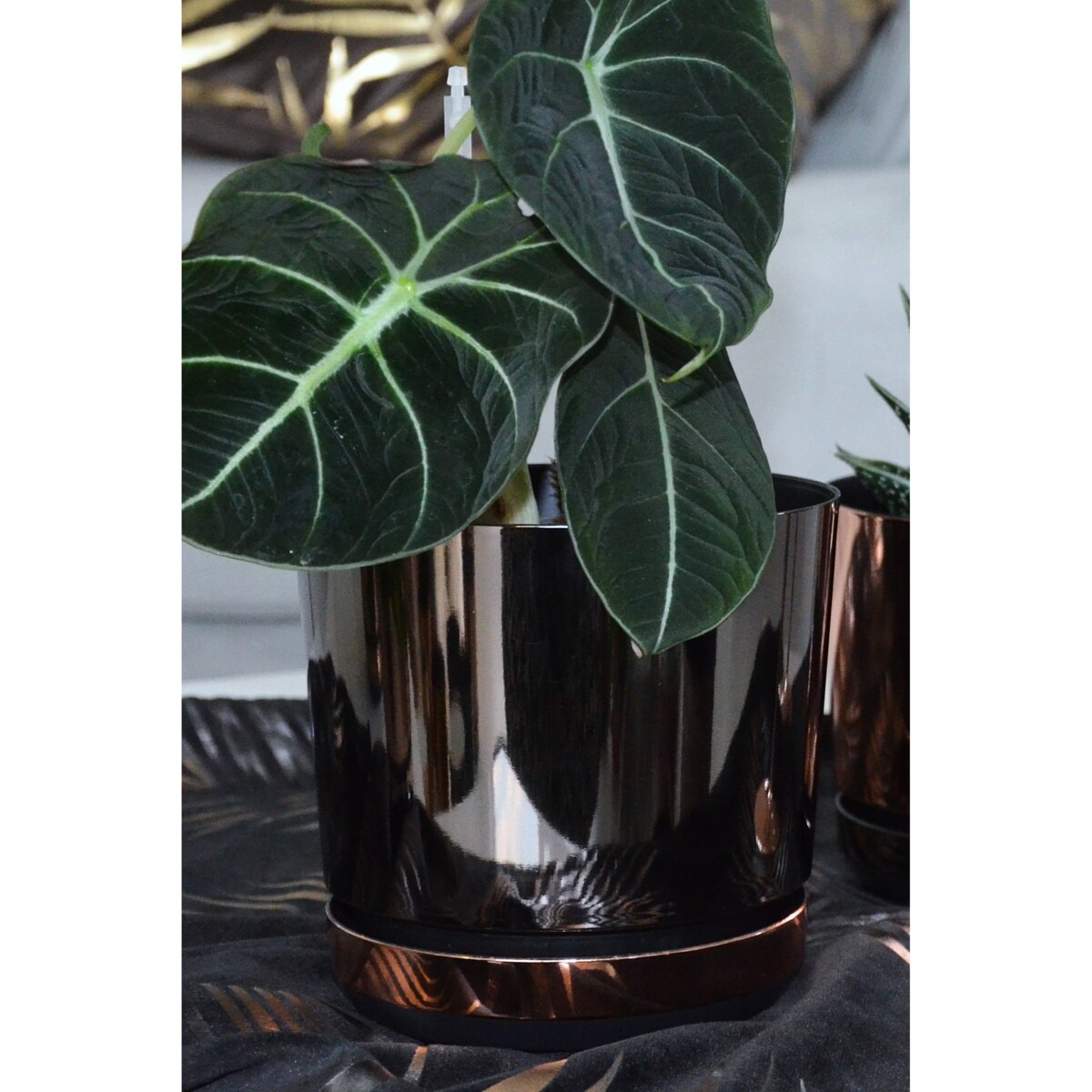 18 Doniczka DUO CZARNA z podstawką ŁOSOSIOWA dwukolorowa nowoczesna industrialny loft glamour wysoki połysk metaliczna elegancka