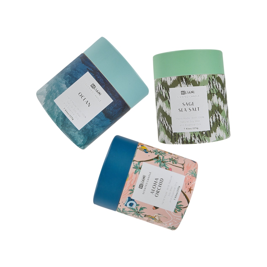 3 świece zapachowe sojowe szałwia z solą morską/ morski/ orchidea COLORFUL BARREL