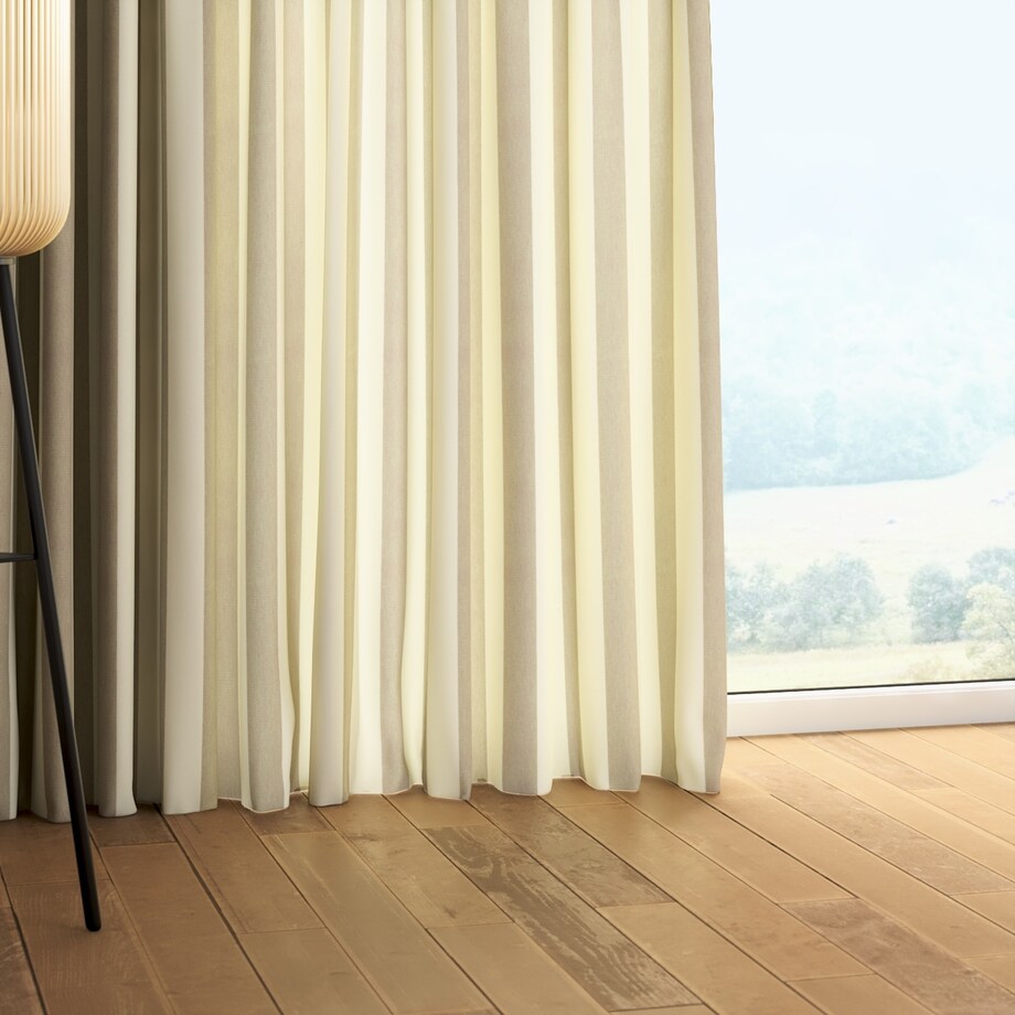 Zasłona na taśmie marszczącej 1 szt. 130x260 beżowo-białe pionowe pasy (5,5cm)