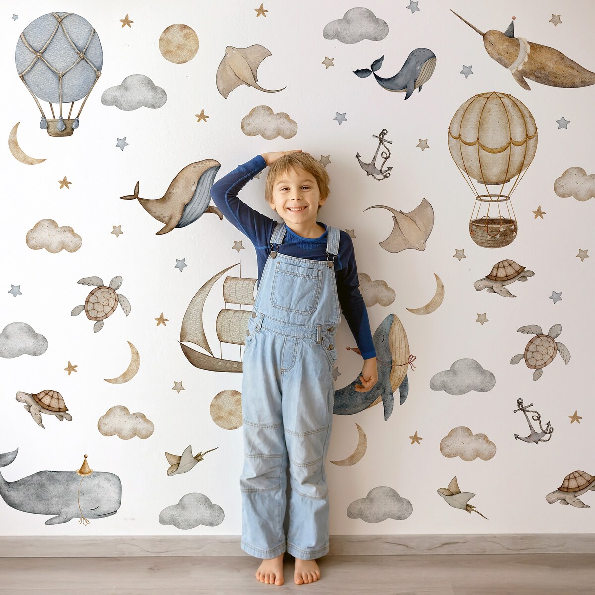 Naklejki Na Ścianę Dla Dzieci Wieloryby Chmury Statki Balony Gwiazdy ZESTAW 60x30cm