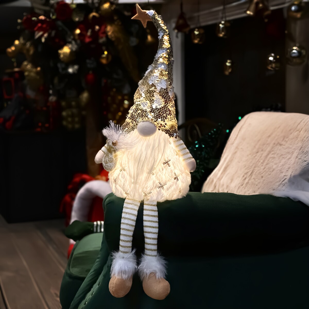 SKRZAT świąteczny ŚWIECĄCY krasnal Mikołaj DUŻY biały DEKORACJA gnom JUMI