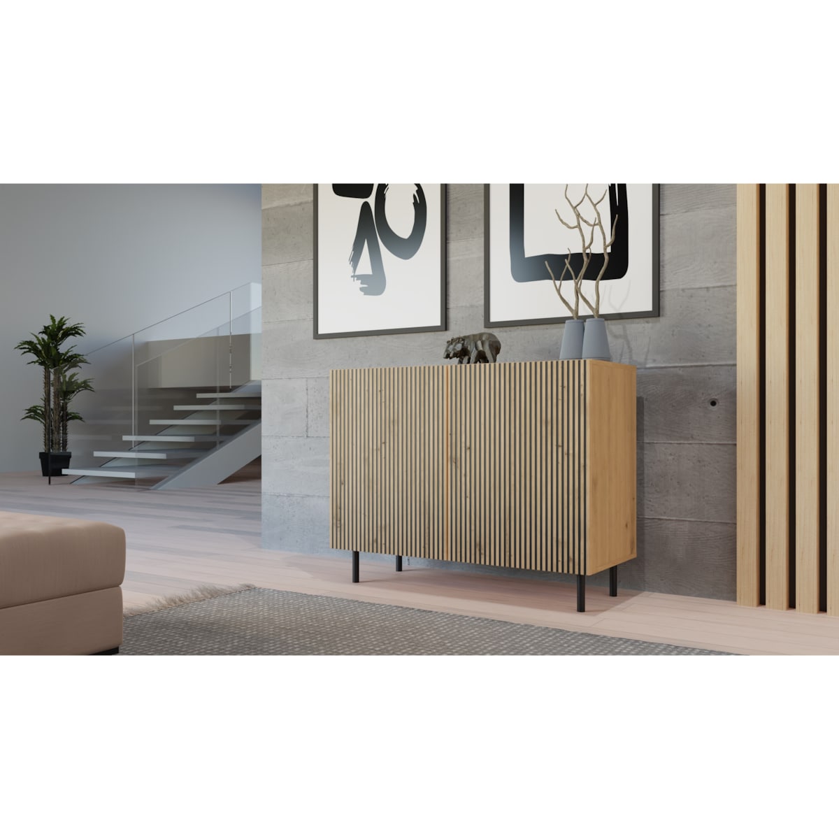 KOMODA KAMA2 SLIM RYFLOWANY FRONT LAMELE DĄB ARTISAN