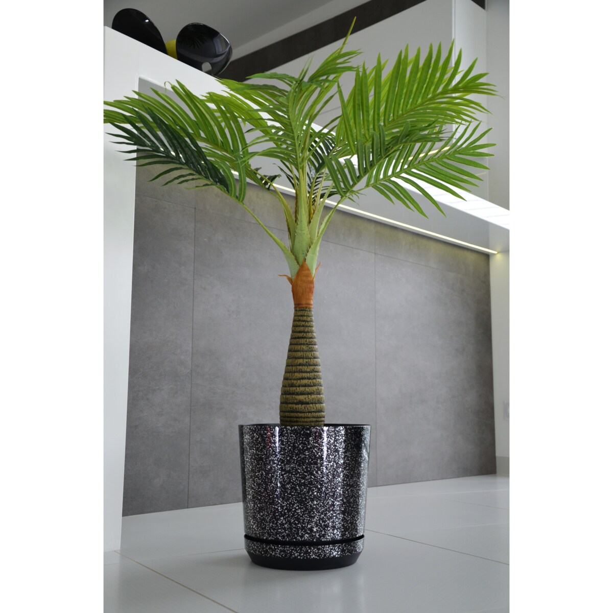 32 cm wzór CZARNY MARMUR Doniczka z podstawką piękne lustrzane drobinki srebrne elementy duża szeroka elegancka