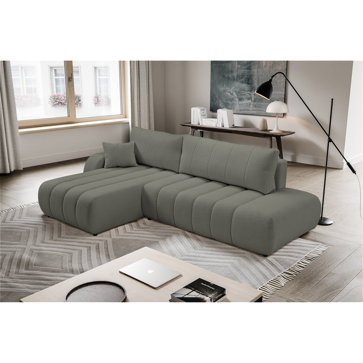 Narożnik z funkcją spania ALOO, lewostronny, tkanina boucle-szara