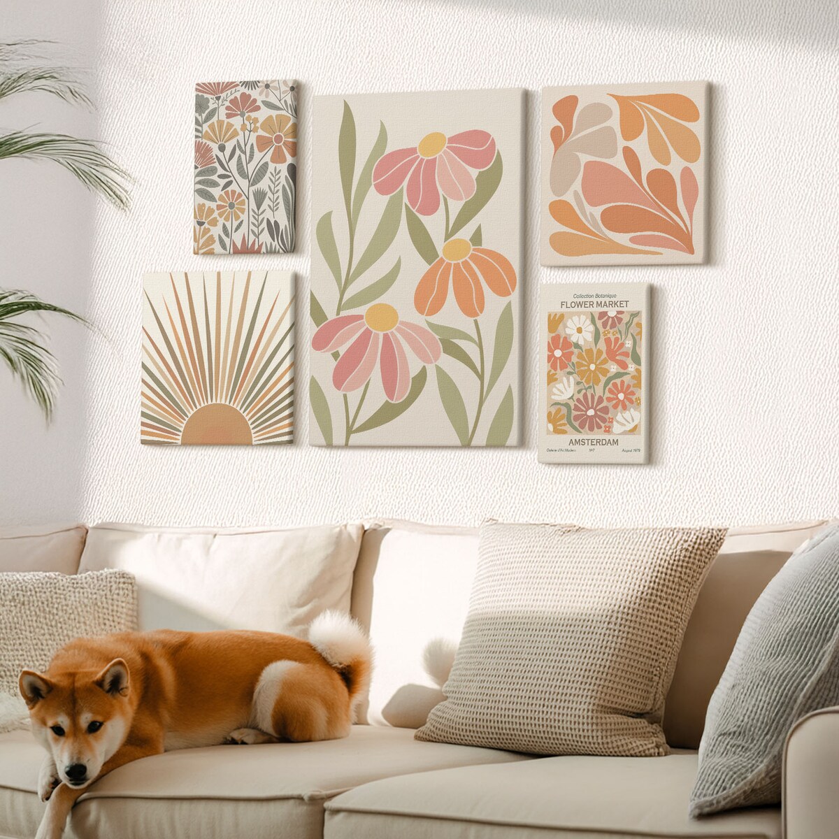 Zestaw 5 obrazów na płótnie - Styl boho kwiaty geometryczne - pomarańczowy