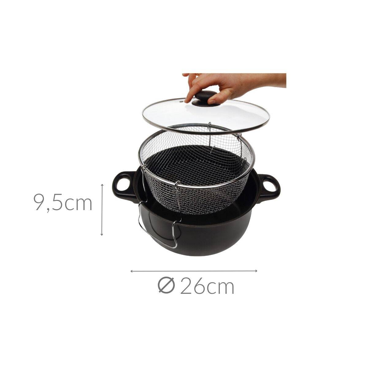 Garnek do smażenia na głębokim oleju z koszyczkiem i szklaną pokrywką, 26 cm