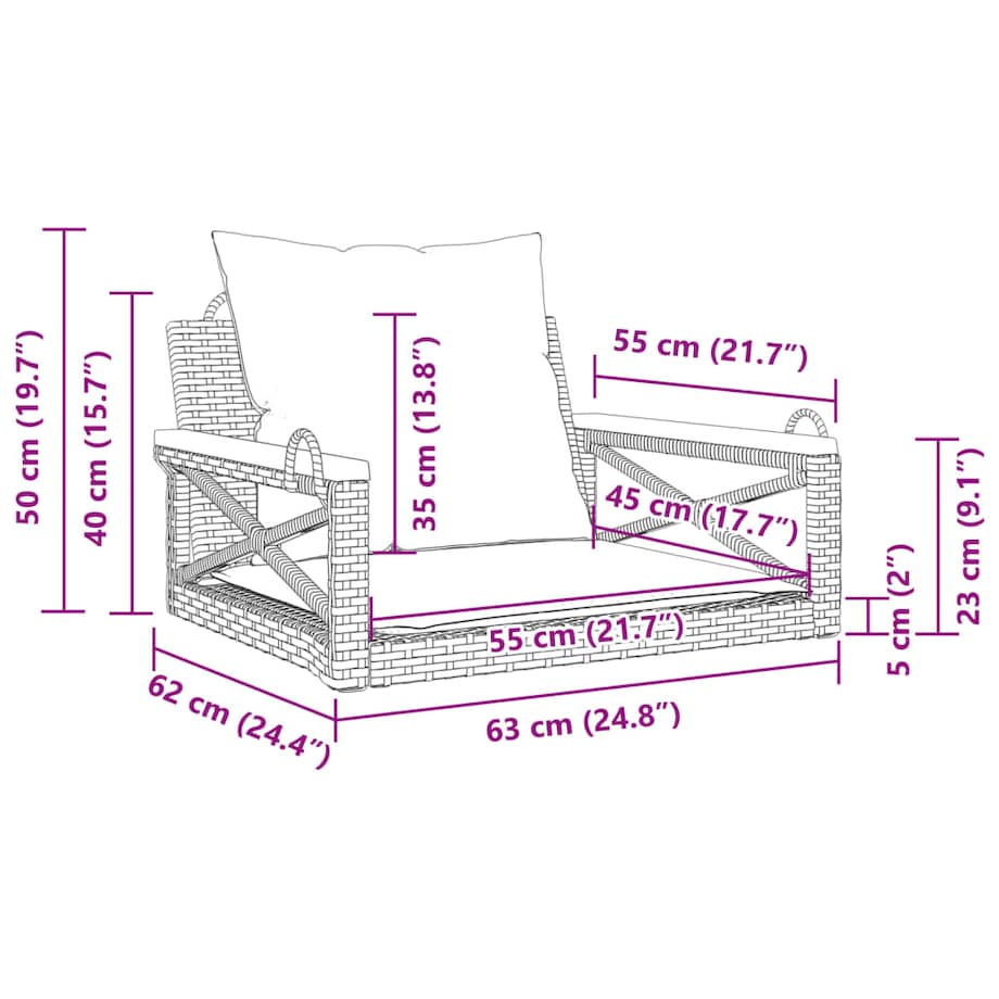 vidaXL Ławka bujana z poduszkami, szara, 63x62x40 cm, polirattan