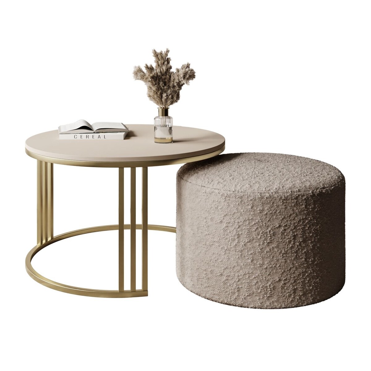 Stolik kawowy z pufą LORI MAT złoto szczotkowane, kaszmir mat / Coral 50