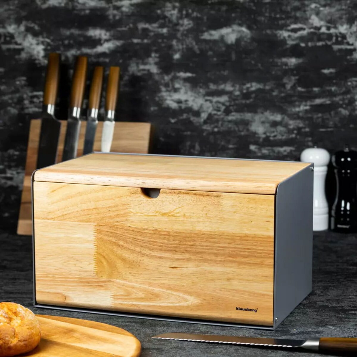 Chlebak stalowo-drewniany pojemnik na chleb pieczywo szary KLAUSBERG