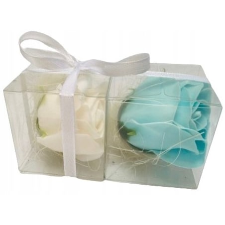 FLOWER BOX KWIATY MYDLANE RÓŻA BIAŁO NIEBIESKA na prezent upominek GOŚCI