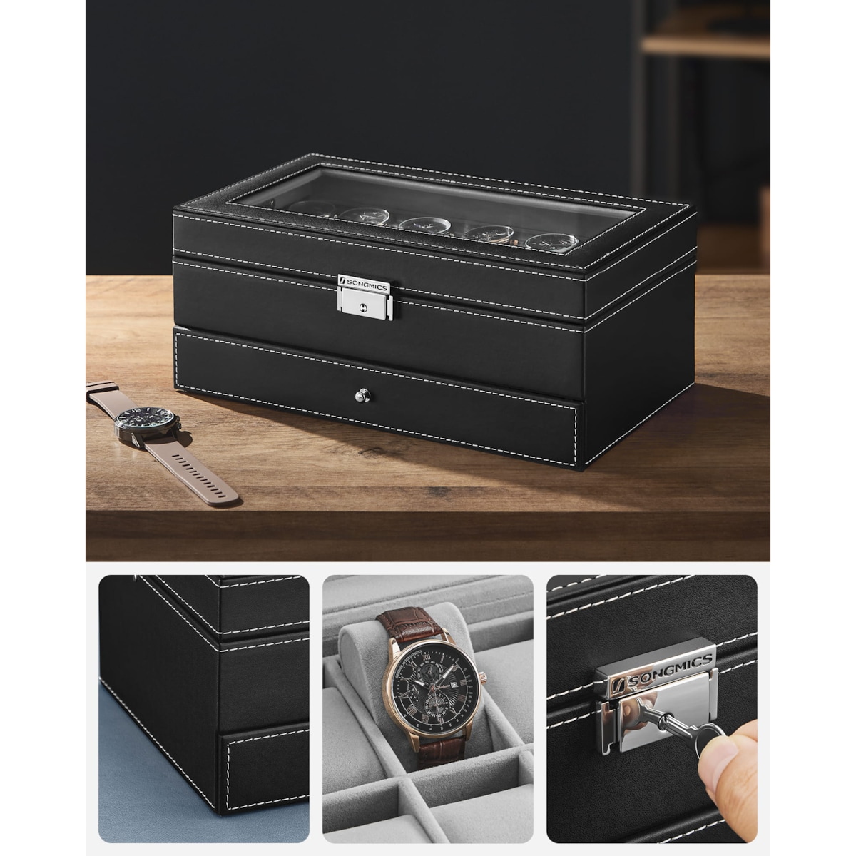 Kasetka Szkatułka Na Zegarki Biżuterie Prostokątna Czarna