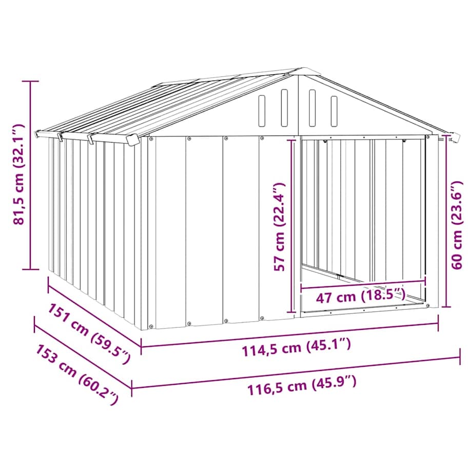 vidaXL Buda dla psa, antracytowa, 116,5x153x81,5 cm, stal