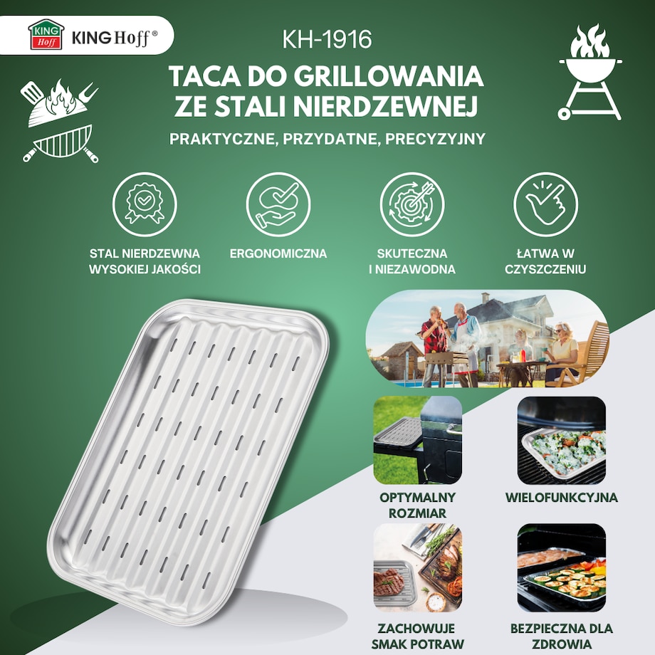 Tacka do grillowania, wielokrotnego użytku, 34x24x2cm, stal nierdzewna, KINGHOFF