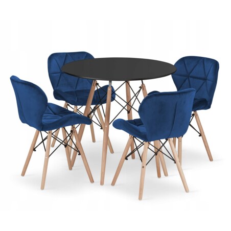 Zestaw Stół Do Jadalni Kuchni Salonu Biura Okrągły Todi 80 Czarny + 4 Krzesła Lago Granatowe