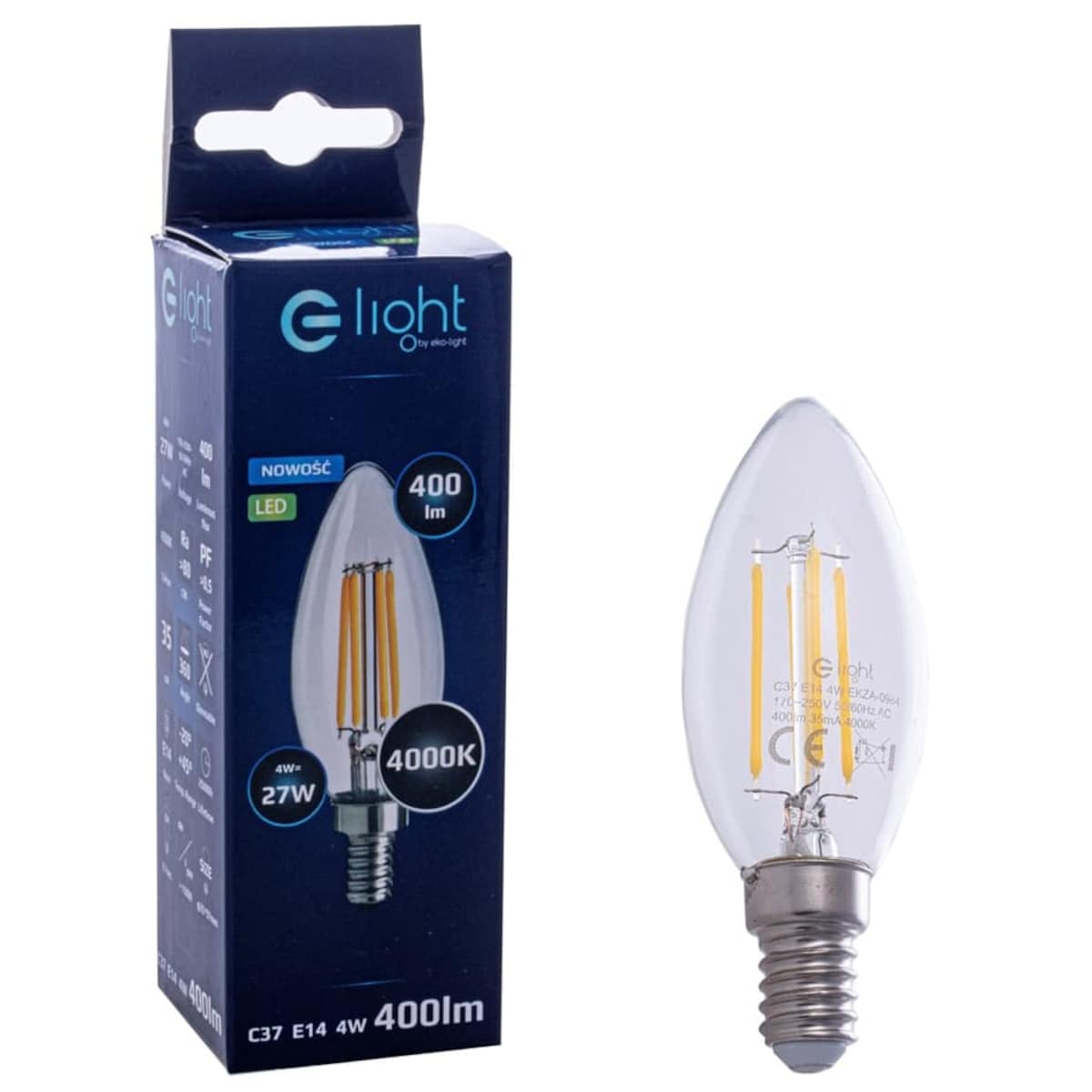 Żarówka świecznka EKZF0964 E14 LED 4W 470lm szklana neutralna, Eko-light