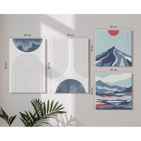Zestaw 4 obrazów na płótnie - Abstrakcyjne górskie pejzaże boho - niebieski