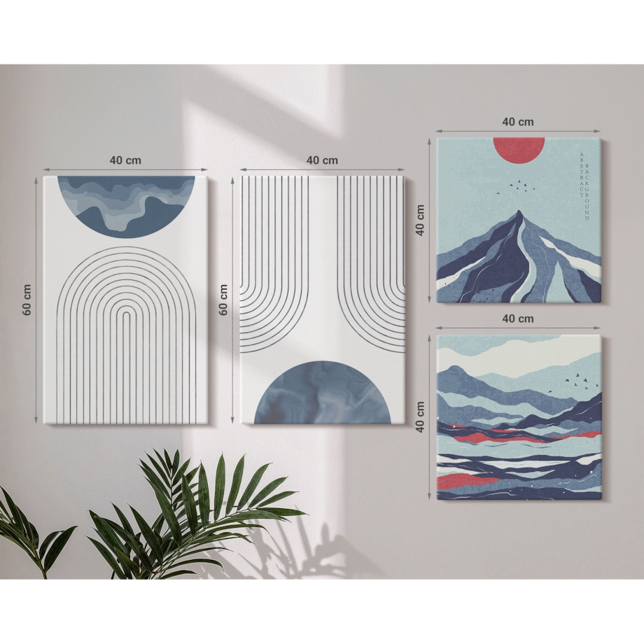 Zestaw 4 obrazów na płótnie - Abstrakcyjne górskie pejzaże boho - niebieski