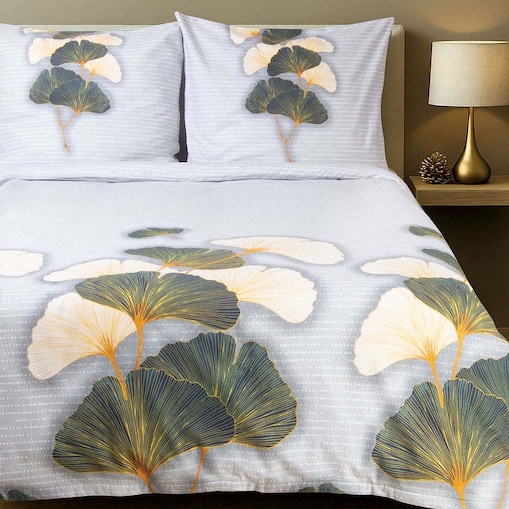 Pościel flanelowa 220x200 Solenne Light szara, liście miłorzębu, Flanelove