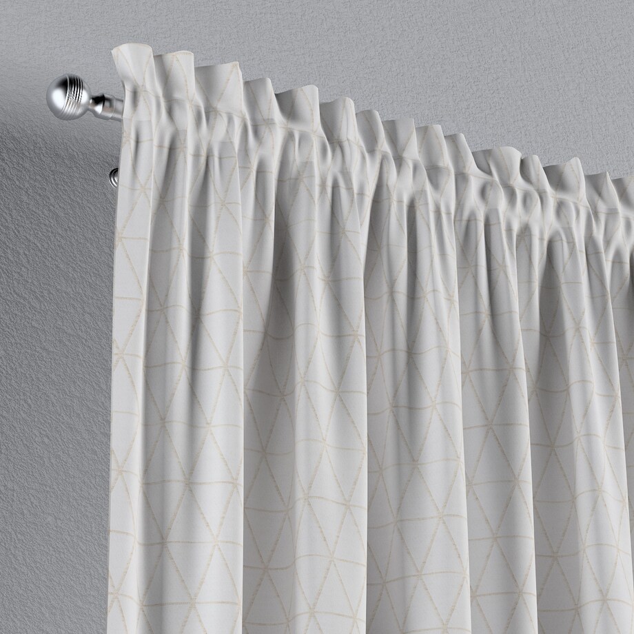 Zasłona na kanale z grzywką 1 szt. 130x245 beżowe trójkąty na kremowo-białym tle