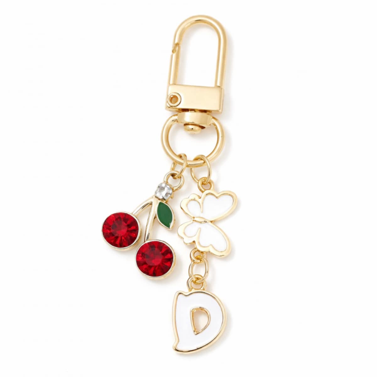 Brelok do kluczy LITERKA "D" 6,5cm WISIENKI, cyrkonie, złote z motylkiem BRL412D