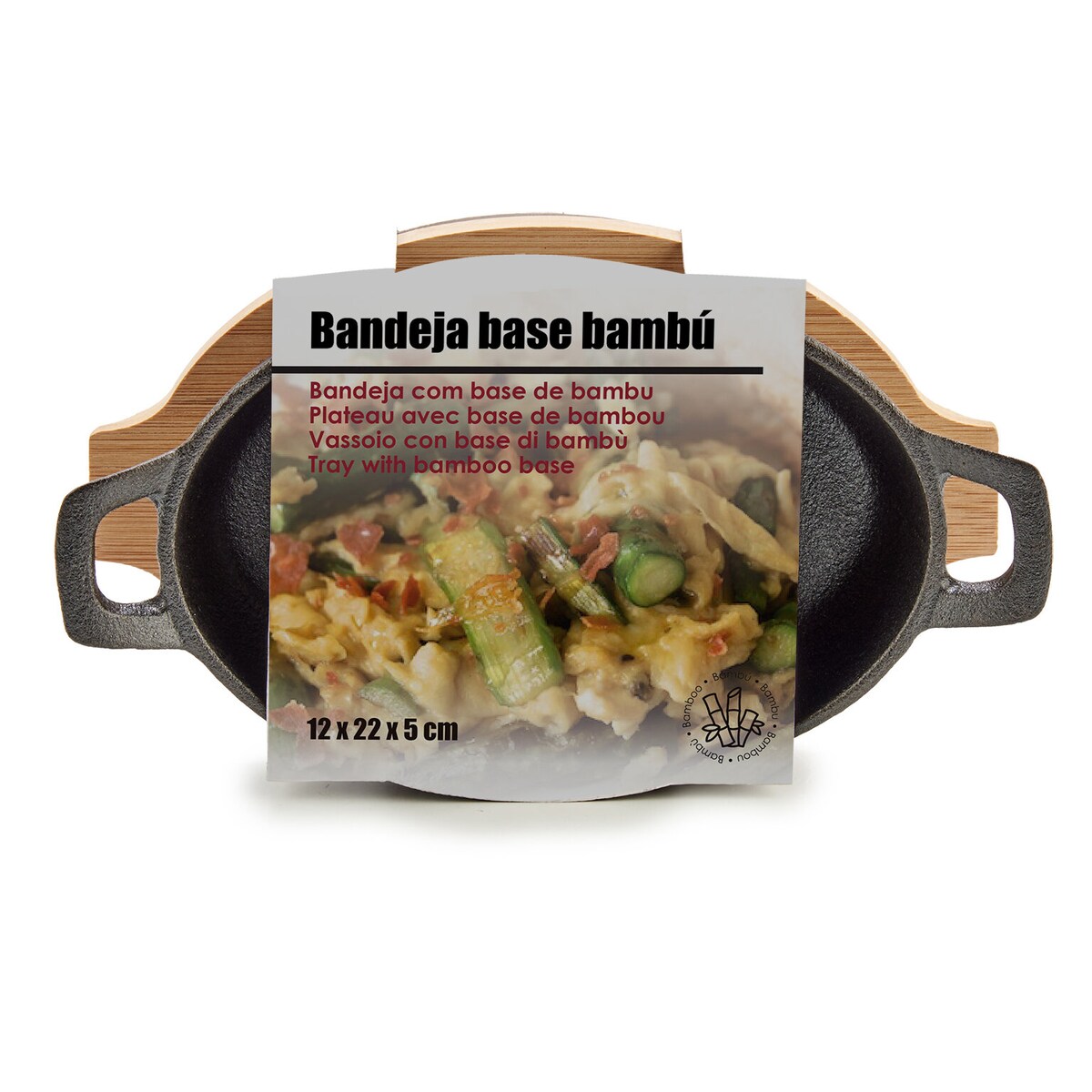 Owalne żelazne naczynie na bambusowej podstawce SLATE, 12 x 22 x 5 cm